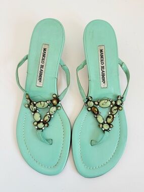 Vintage Manolo Blahnik Turquoise Jeweled Cabochon Thong Sandals 38 Y2K